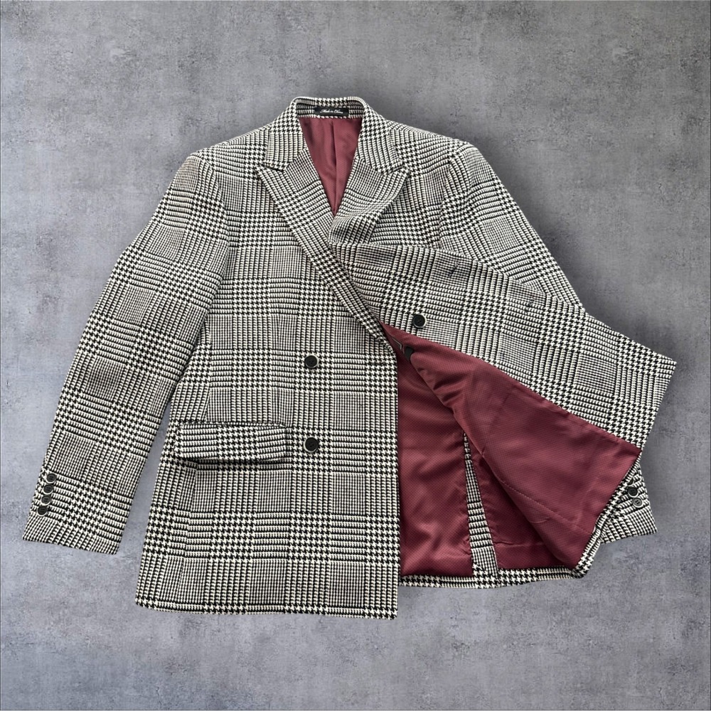 Inserch Glen Plaid Blazer Mens L Black White Double Breasted Modern Fit BL590